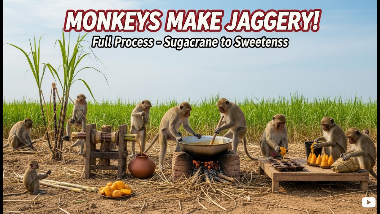 बंदरों ने गन्ने उगाए और फिर उनसे गुड़ बनाया II Monkeys Cooking Village Life of Monkey #monkeycooking