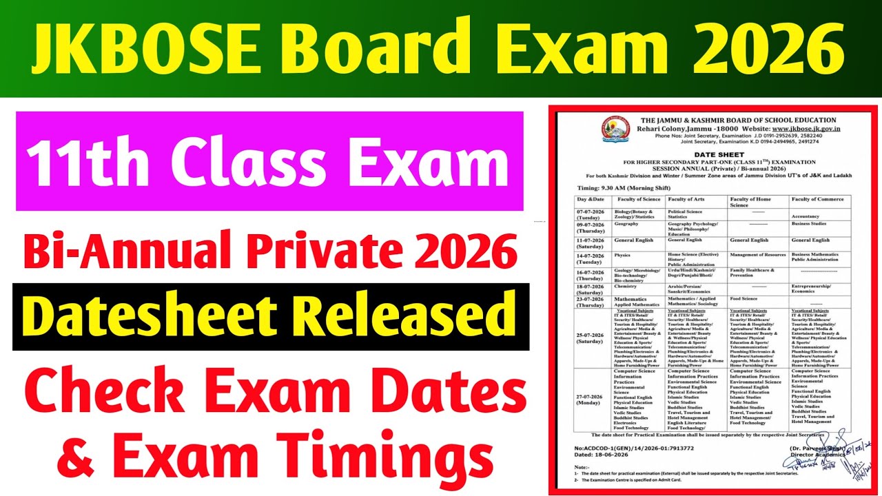 Jkbose Class 11th Bi-Annual Pvt 2026 | Datesheet Released| Check Exam Dates & Timings
