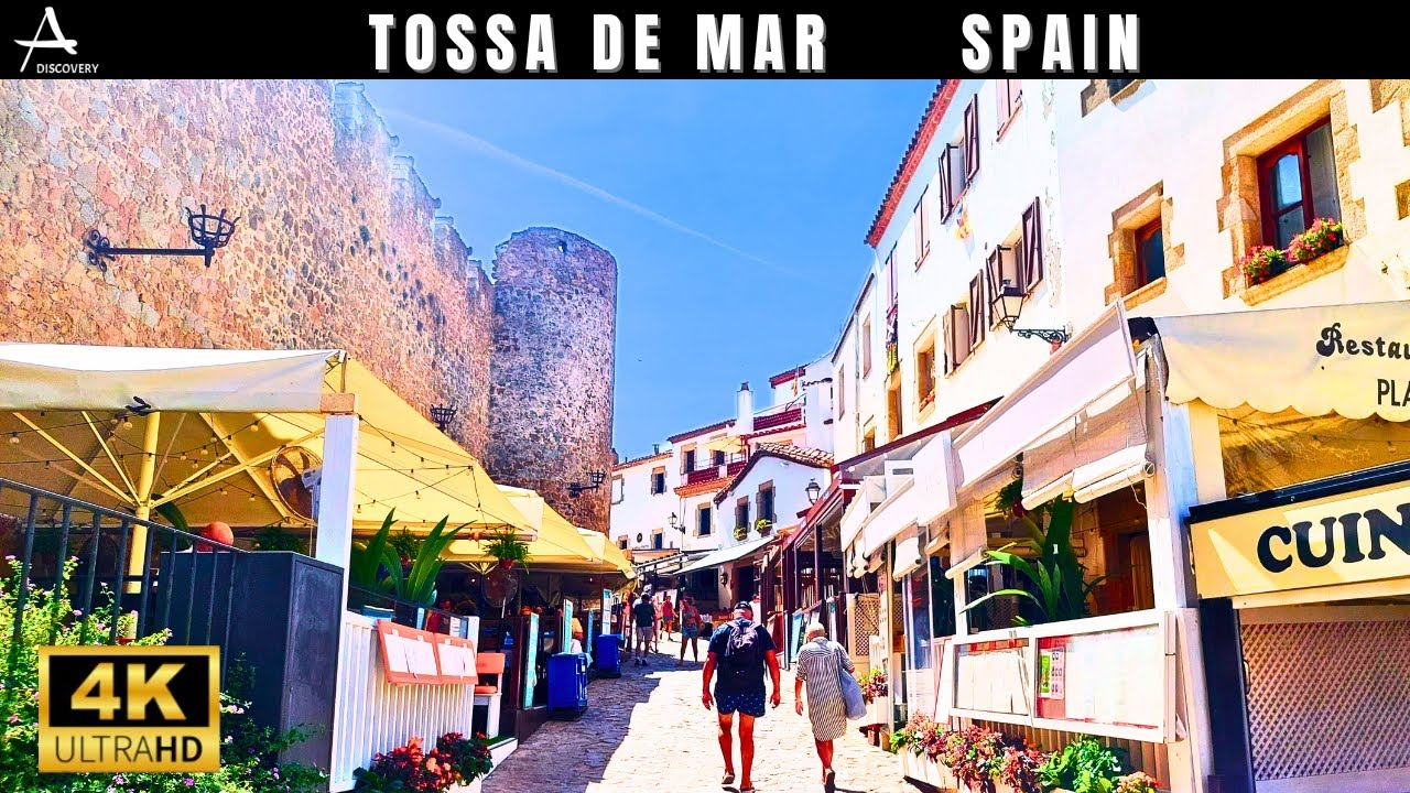 Tossa de Mar 🇪🇸 Costa Brava // Old Town and Shopping District // 4K Walking Tour 4K60 // Hot Day