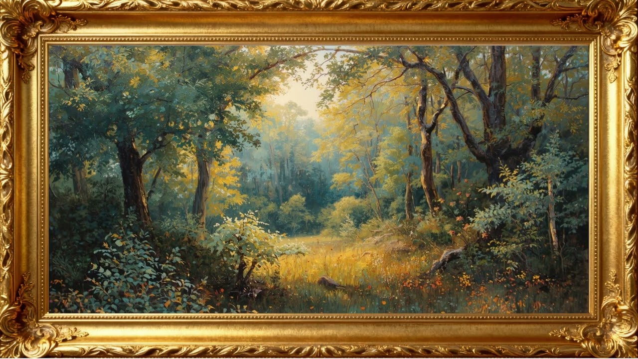 Serene Forest Reflections &ndash; 4K Oil Painting Wallpaper for Relaxation