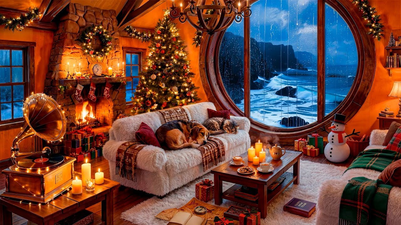 Winter Jazz Cozy Cottage by the Sea – Fireplace, Rain & Ocean Sounds for Sleep, Study & Relax (4K)