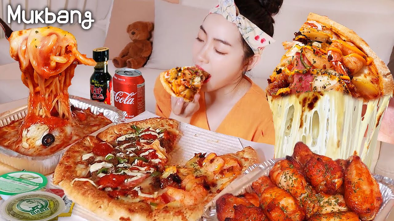pizza delivery mukbang🍕Shrimp pizza,Beef Holiday pizza,cheese oven spaghetti, spicy grilled chicken