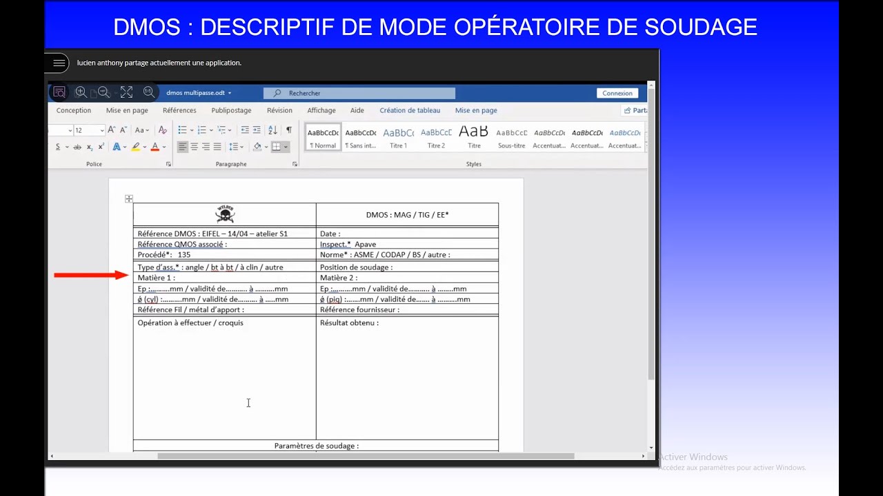 DMOS - Rédaction d'un Descriptif de Mode Opératoire de Soudage - BAC PRO TCI