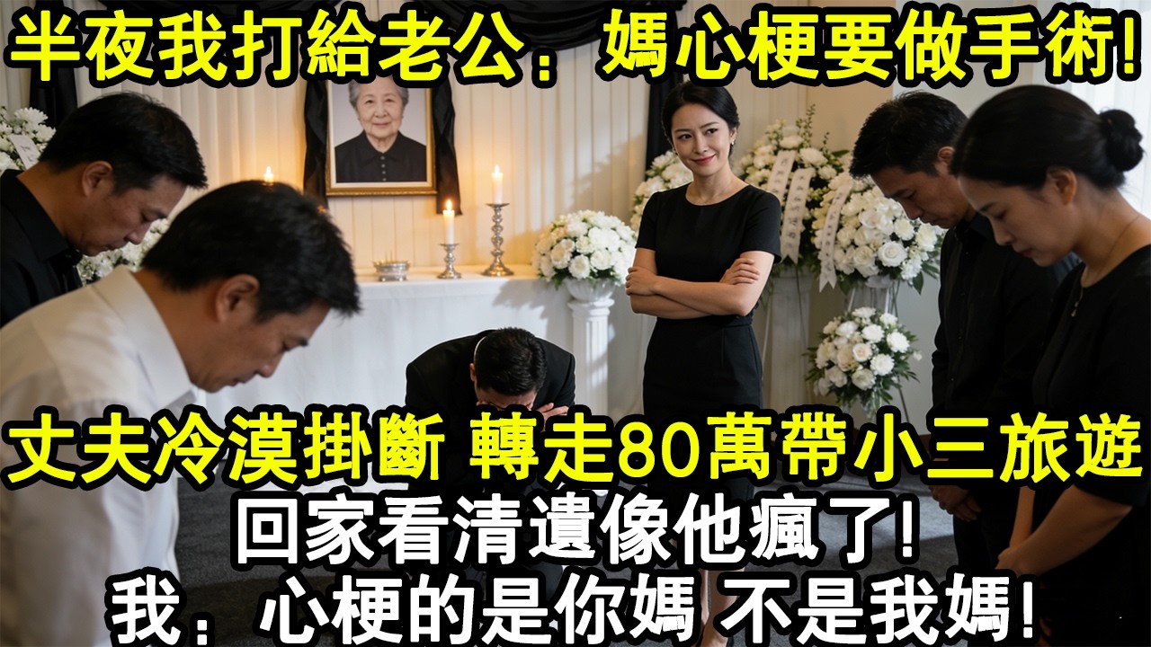 半夜12點我給老公打電話：媽心梗了！要做手術！丈夫冷漠掛斷，轉走80萬帶小三旅遊。我沒鬧直接放棄治療，丈夫算日子回家，看清遺像他當場瘋了！我：心梗的是你媽，不是我媽！#家庭故事 #生活經驗 #為人處世