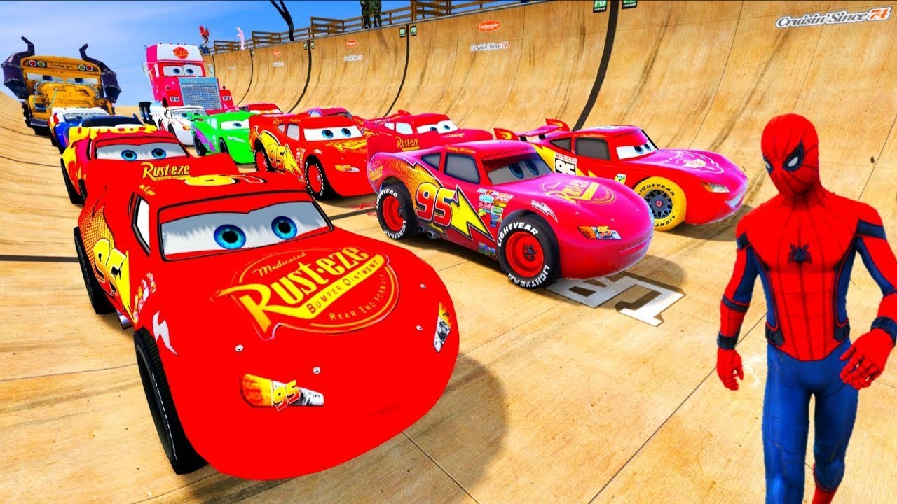 🚗GTA V Spiderman McQueen Cars 2 Vs Mack Truck Mega Ramp - Superheroes car Racing