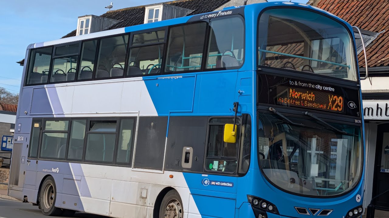 First Norwich Volvo B9TL Wright Eclipse Gemini 2 36174 on the X29 to Fakenham via Bawdeswell.