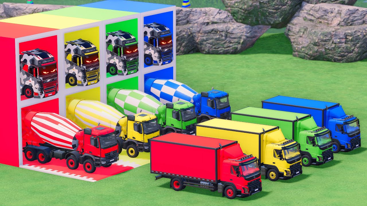 Trucks With COLORS - MERCEDES MIXER TRUCK and VOLVO BOX TRUCK with VOLVO FLATBED TRAILER TRUCK