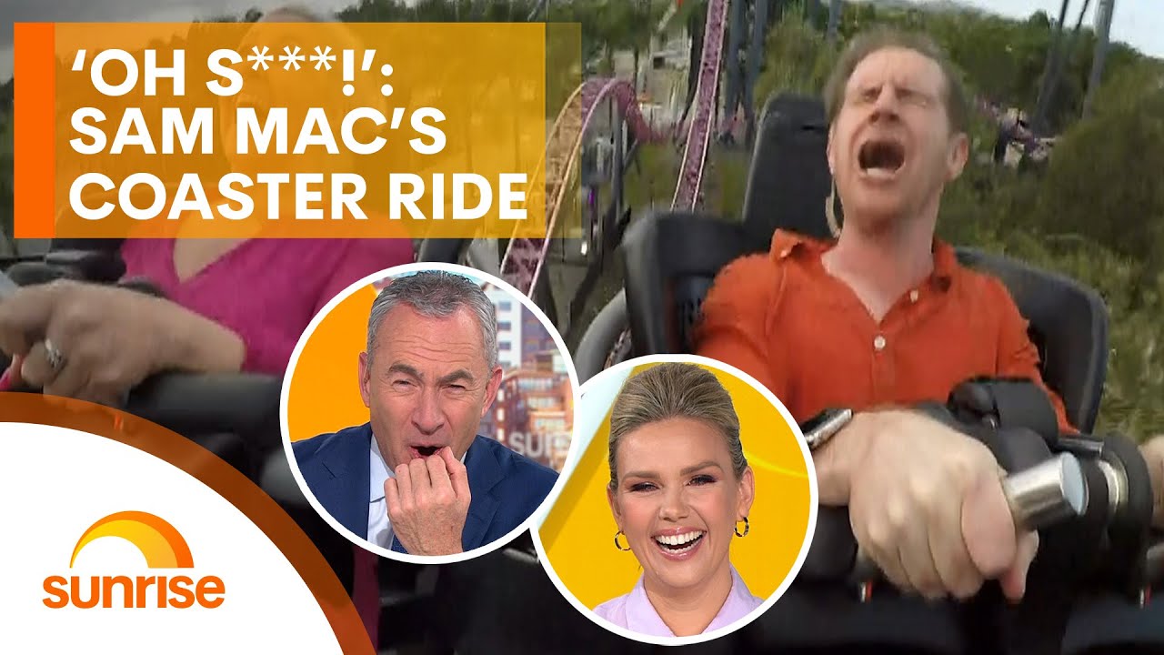 Australian TV presenter Sam Mac swears on live TV while riding rollercoaster