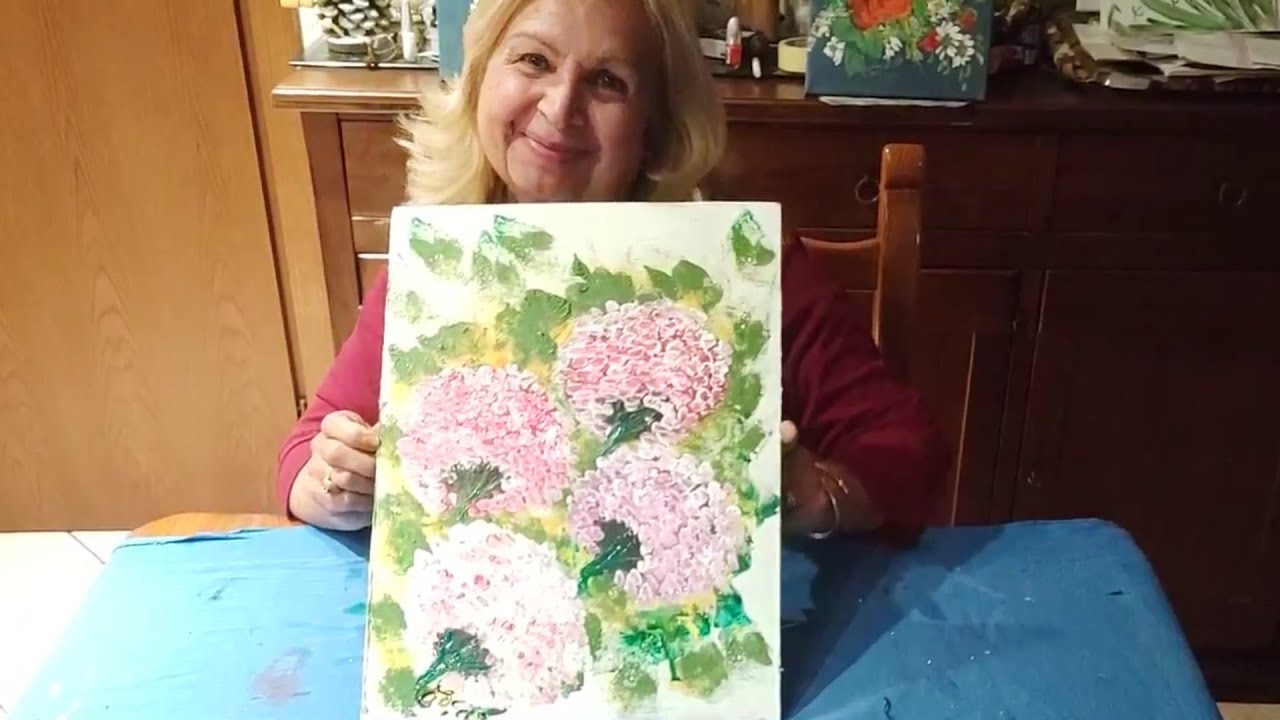 Come dipingere delle Ortensie con colori Acrilici,una spugnetta e pennelli piatti