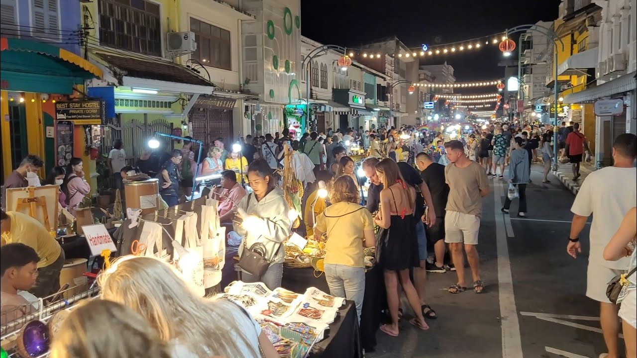 Phuket Old Town Sunday night market walking tour 4K UHD, great view, street food, traditional music