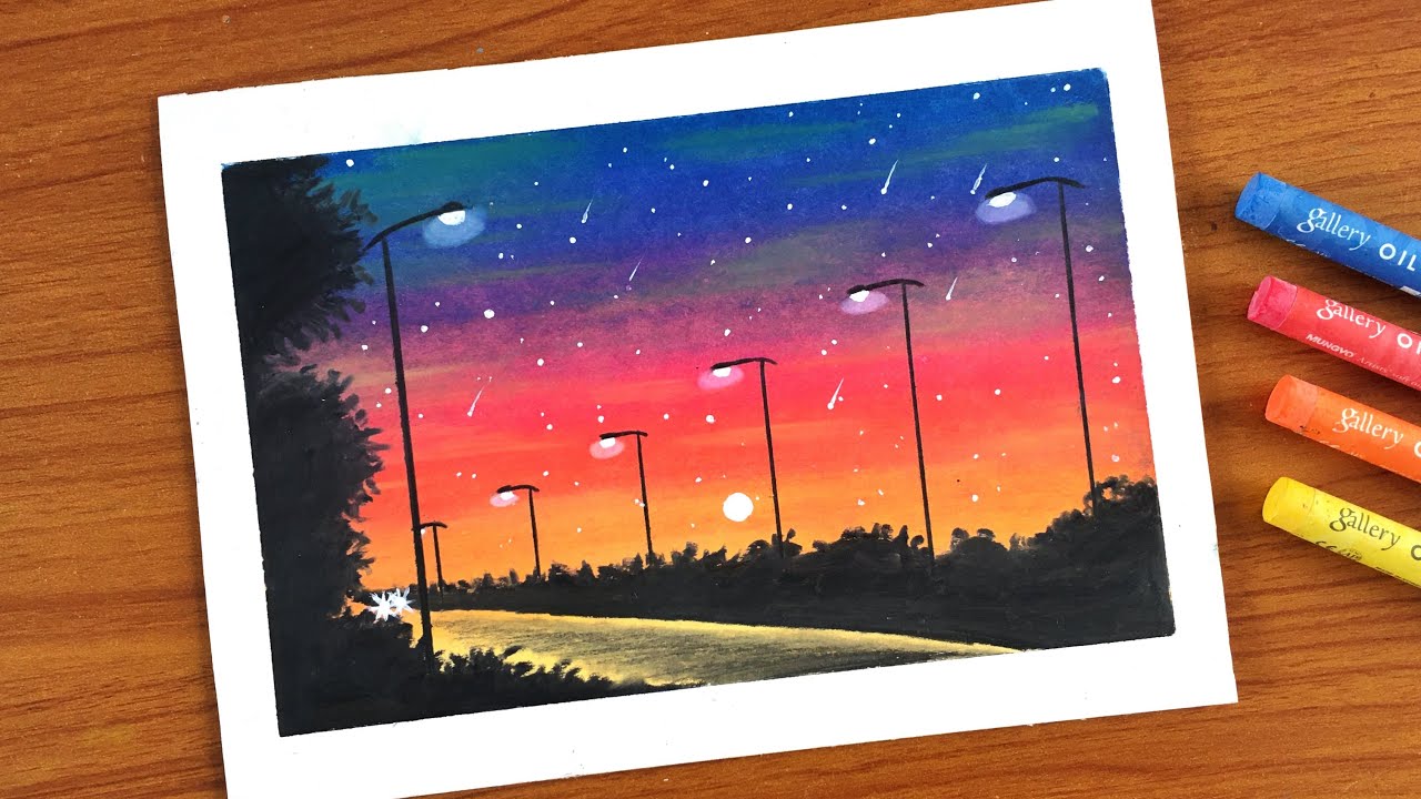 Oil Pastel Street lights Painting for beginners - Oil Pastel Drawing