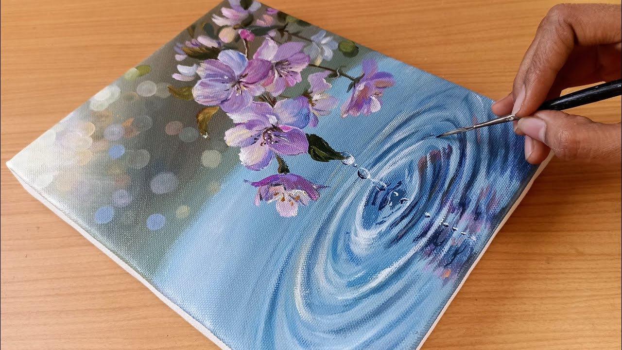 Painting a Beautiful Flower Reflection on Water/ Floral Art/  Acrylic Painting On Canvas 