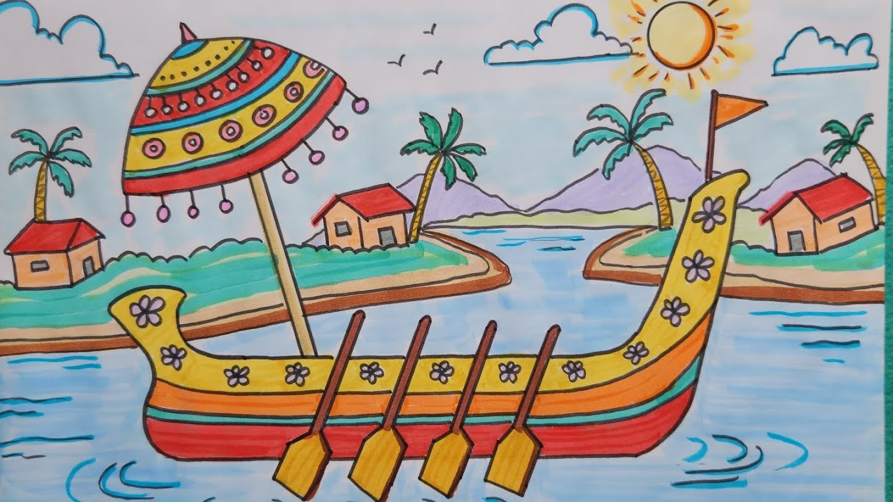 Onam drawing scene // Onam snake boat drawing easy // Onam festival drawing scenery 