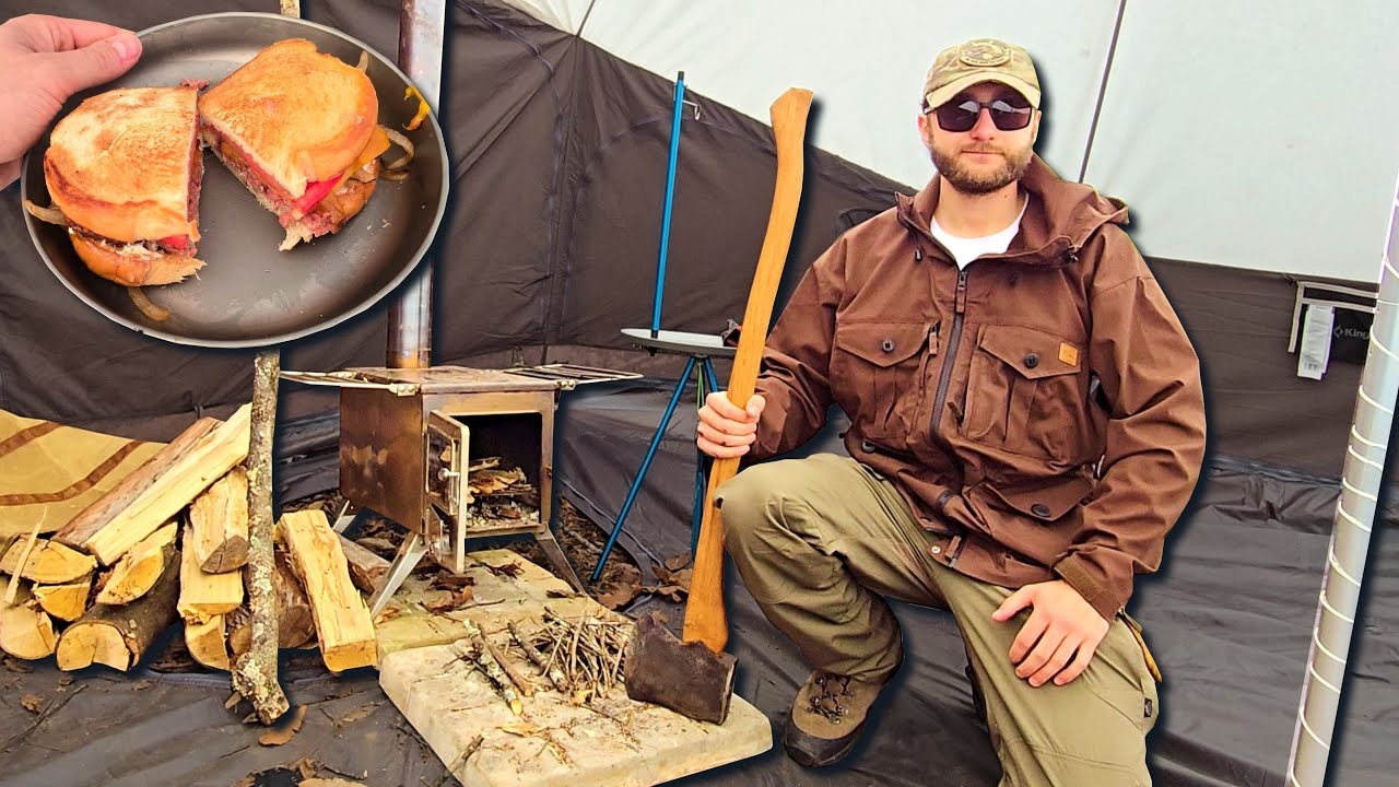 Hot Tent Camping & Wood Stove Cooking | Light Rain, Windy, & Cold | Wool Blanket