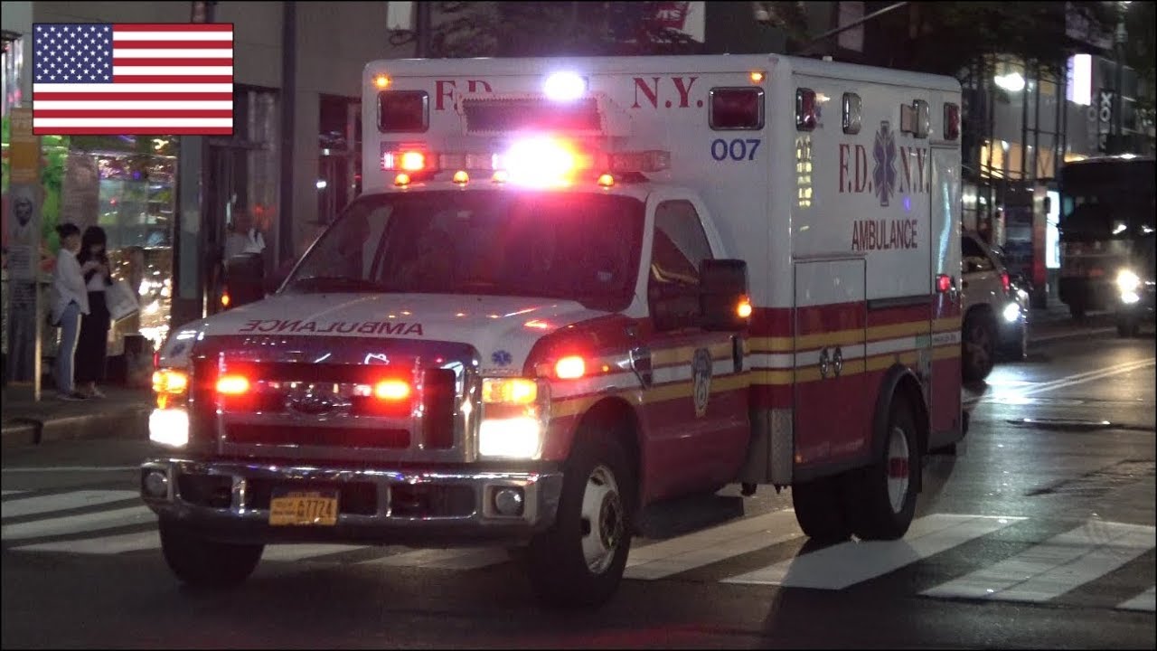 Ambulances responding 'FDNY's 007' - manual siren + HORN
