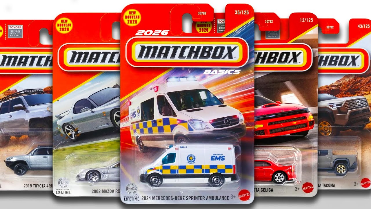 Витрина - Matchbox 2026 Basics Mix 5, Mazda RX-7 Spirit R, Toyota 4 Runner, MB Sprinter Ambulance.