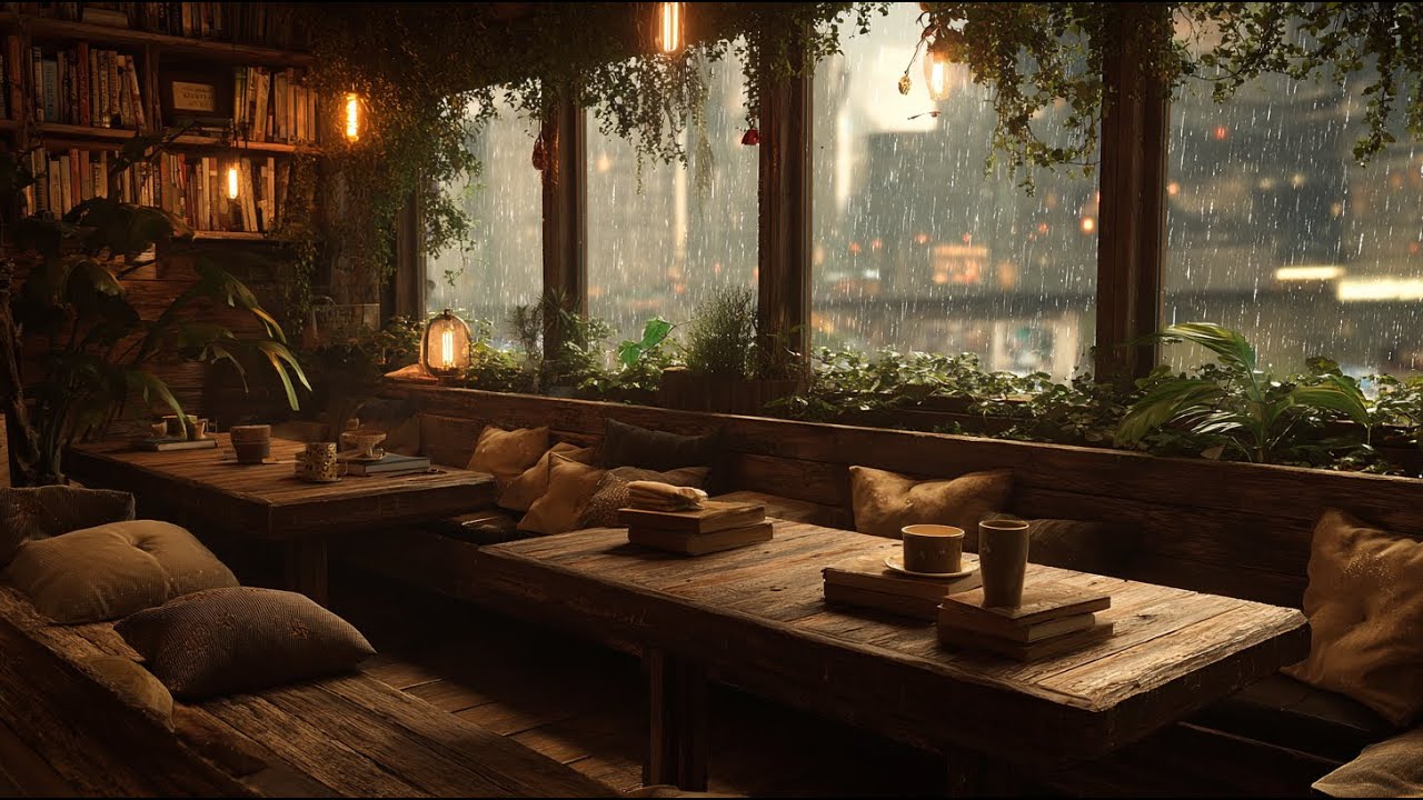 Rainy Jazz Cafe Cozy Coffee Shop Music with Natural Rain Sounds for Work Study Sleep