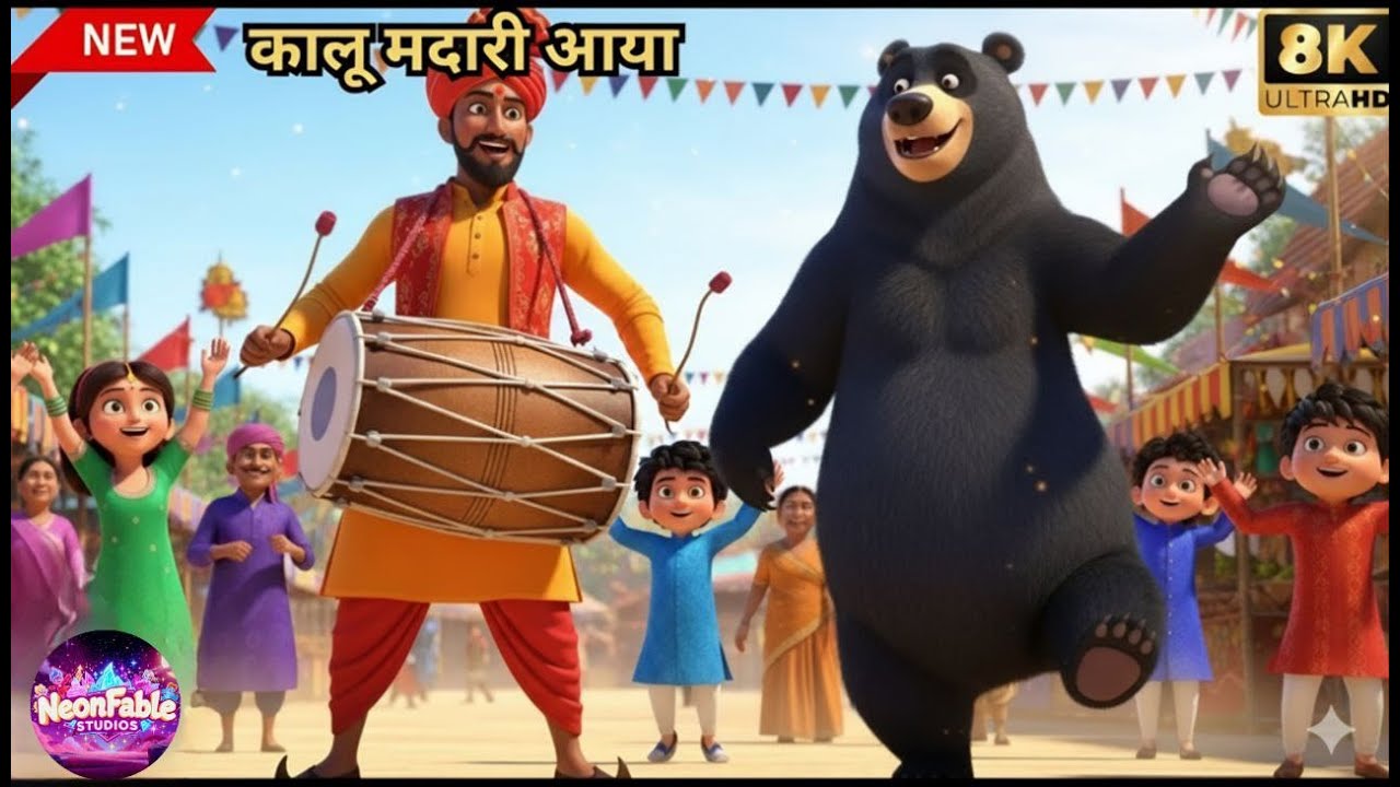 कालू मदारी आया 🐻🥁 | Kalu Madari Aaya 🎵 | Fun Rhymes 🎶 Baby Poems  Hindi Songs 🎤 | NeonFlame Studios🌟