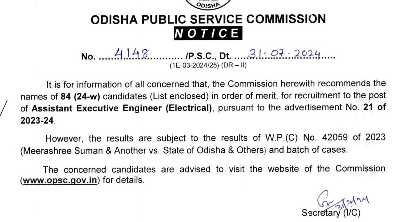 OPSC Assistant Executive Engineer (Electrical) Selected List Notification Release 2024