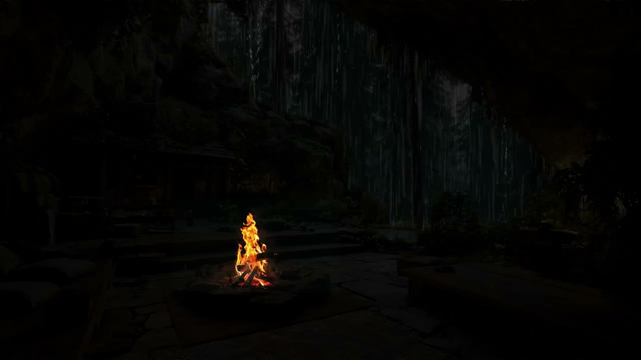 Long Storm Filled Wilderness Darkness for Anxiety Relief | Soft Fireplace Nature Soundscape