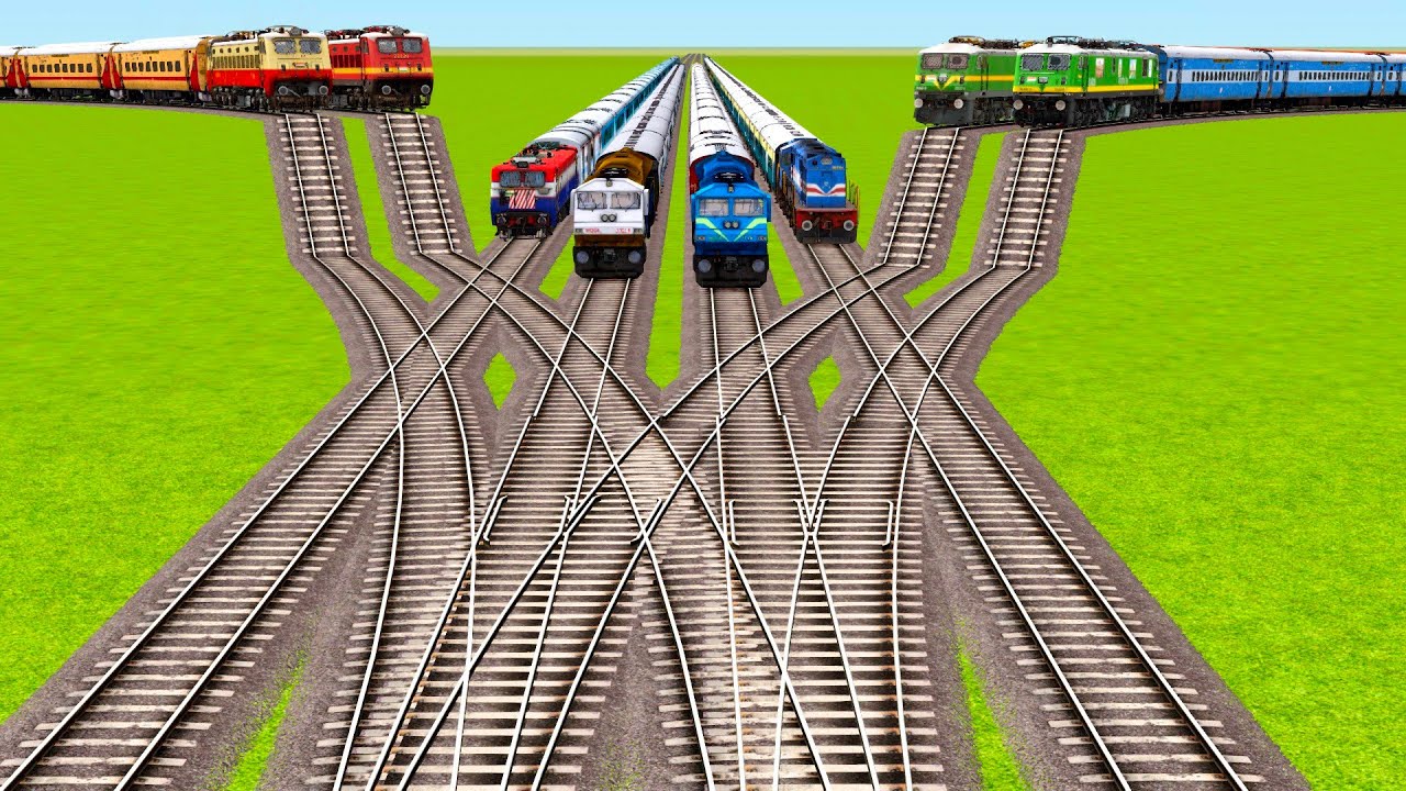 EIGHT HIGH SPEED TRAINS BACK TO BACK CROSSING ON STAIR AND HIGH DIFFERENT RAILROAD|Train simulator|