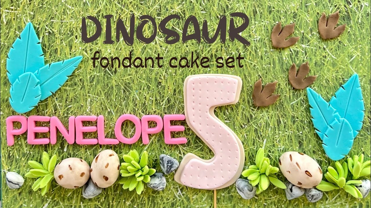How to make a fondant EASY DINOSAUR cake set (leaves, eggs, rocks, name, footprints, number & grass)