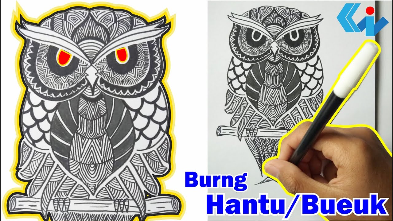 CARA MENGGAMBAR ZENTANGLE | Motif Burung Hantu | Ragam Hias Flora Fauna