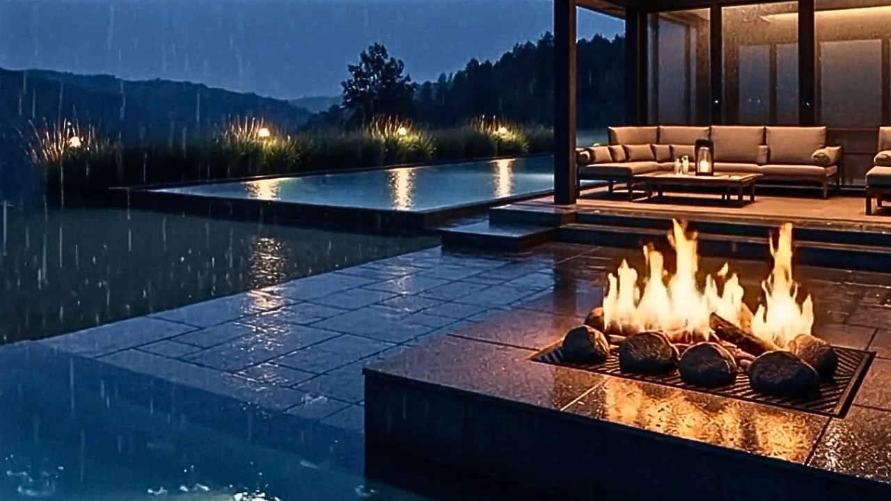 Gentle Rain & Fire by a Luxury Infinity Pool at Night | Sleep Ambience