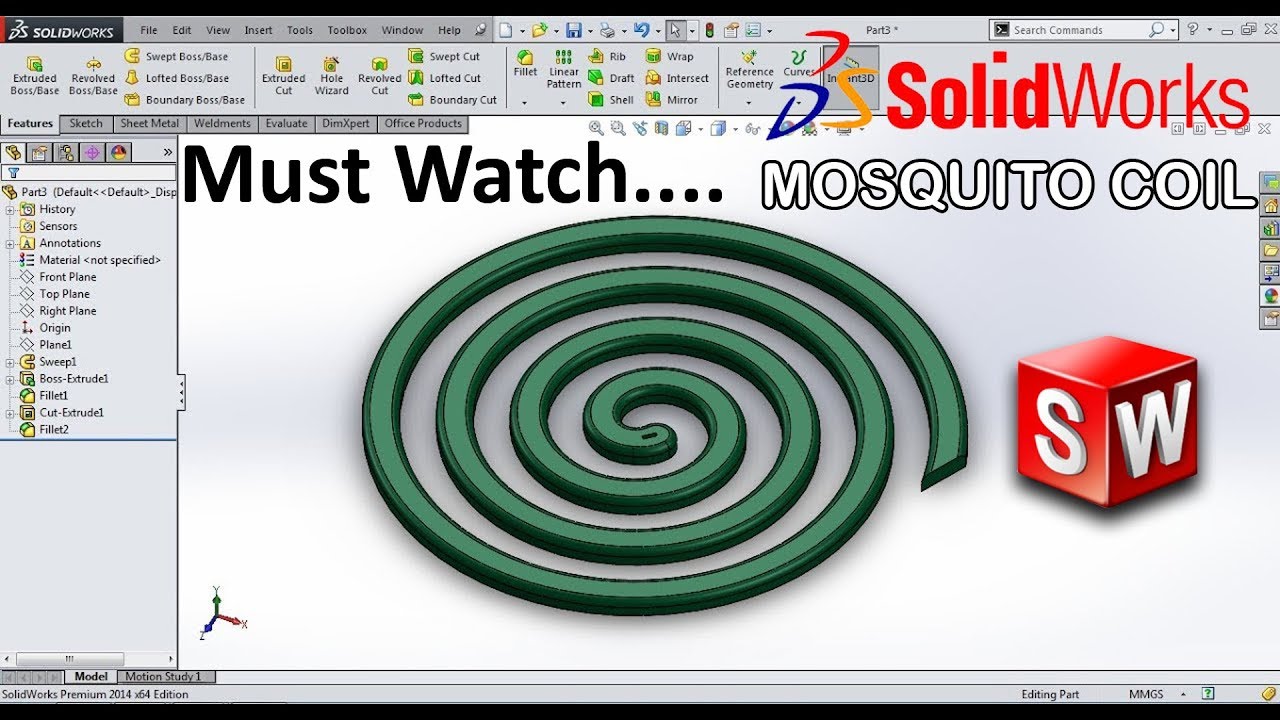 Solidworks Basic Tutorial 38 | Mosquito Coil (Spiral feature) | Step By step