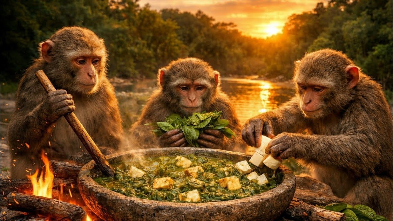  जंगल में बनाया पालक पनीर | Monkeys Cooking by Riverside | Wild Forest Recipe📝