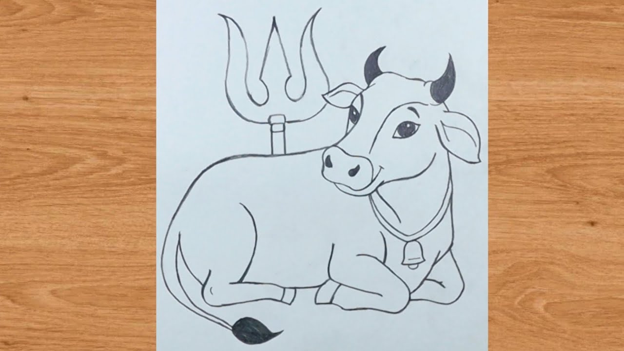Lord bholenath Bel baba with trishul outline pencil drawing | cow mata god art