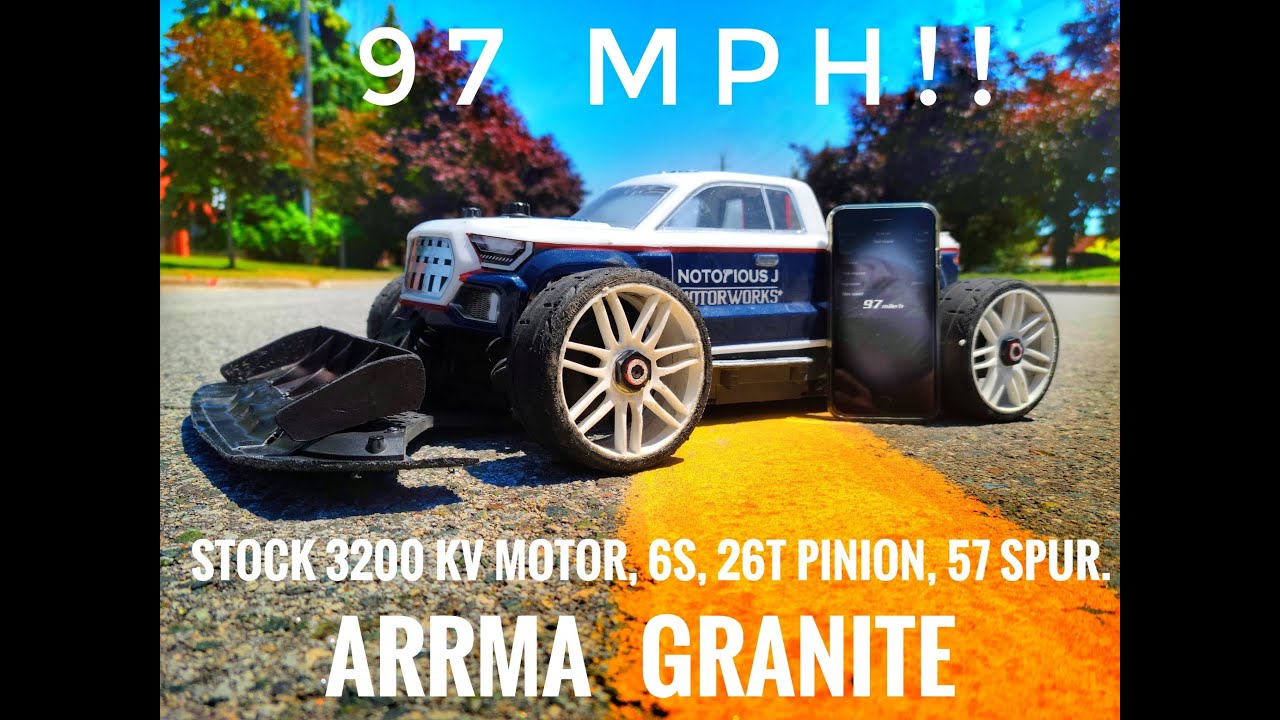 Arrma Granite w/3200kv stock motor, 6s 97mph/156kmh  pass (13:30 for those who want to skip ahead)