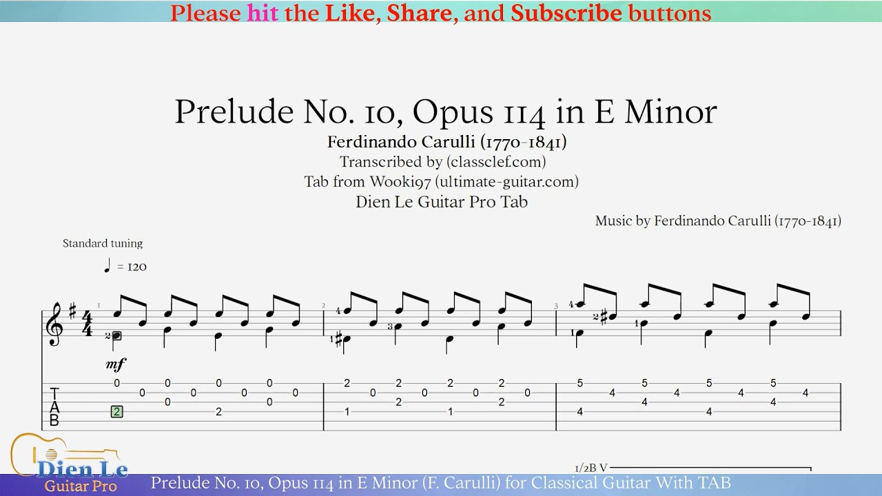 Prelude No. 10, Opus 114 in E Minor (F. Carulli) for Classical Guitar With TAB