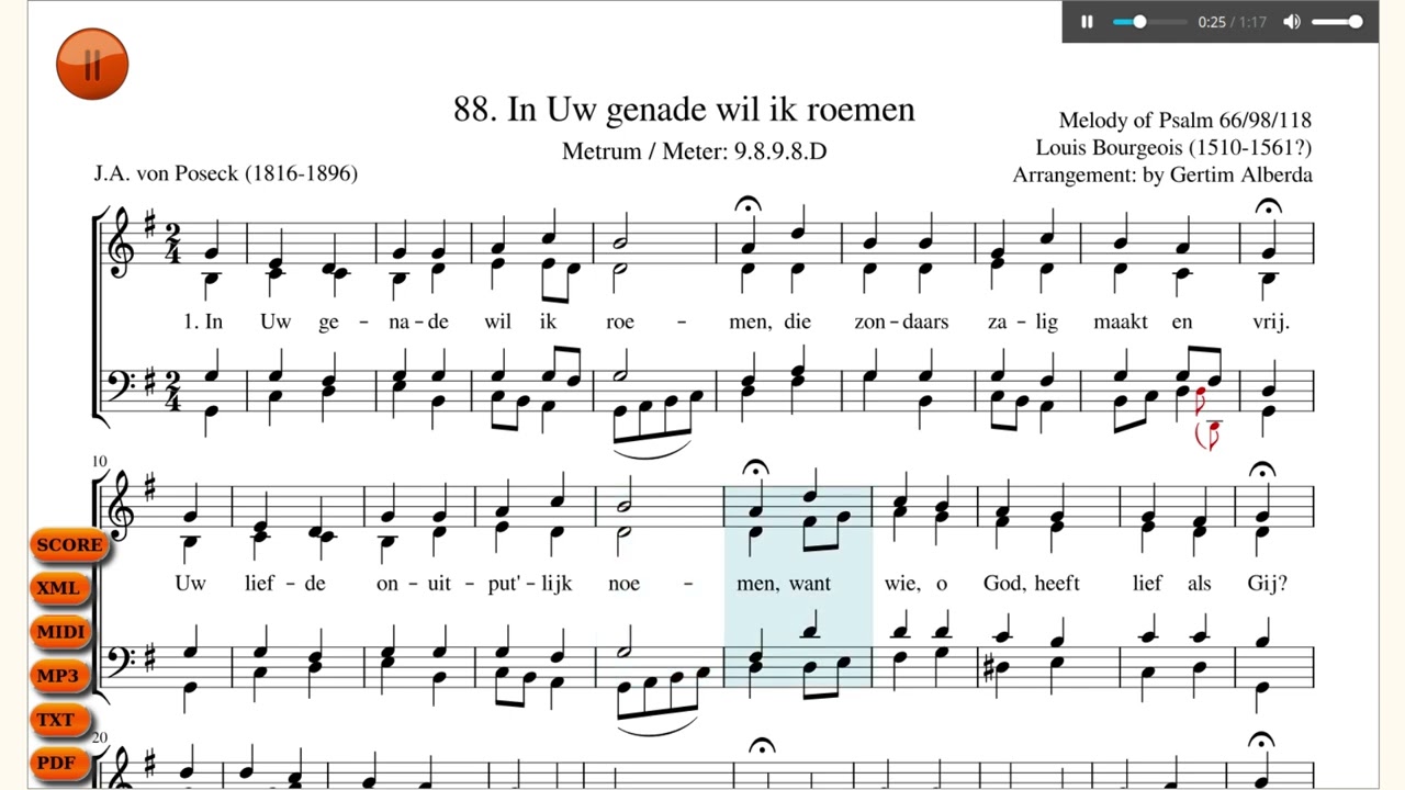 88. In Uw genade wil ik roemen. Melody / tune of Genevan Psalm 66/98/118.  GL-GTA.