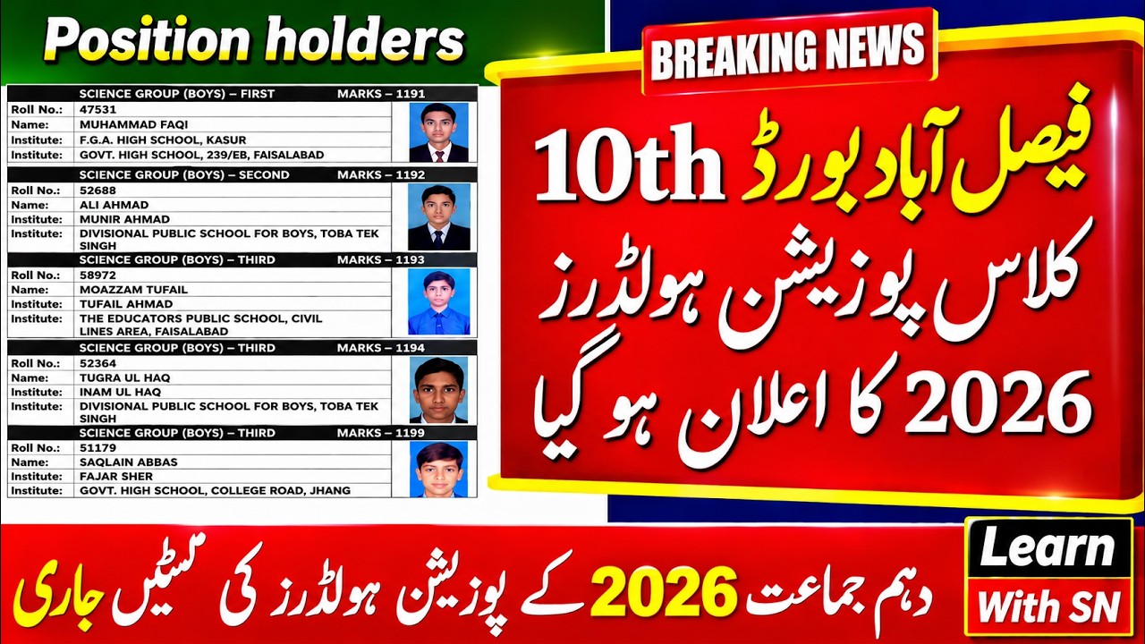 BISE Faisalabad 10th Class Top Position Holders 2026 | Matric Merit List & Topper Names