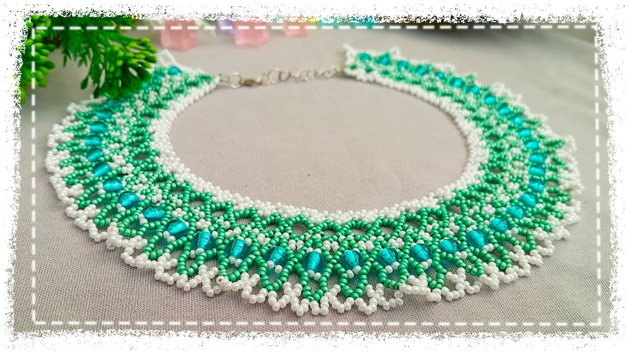 DIY Нежное зелёно-белое колье из бисера 🌿 Украшение своими руками