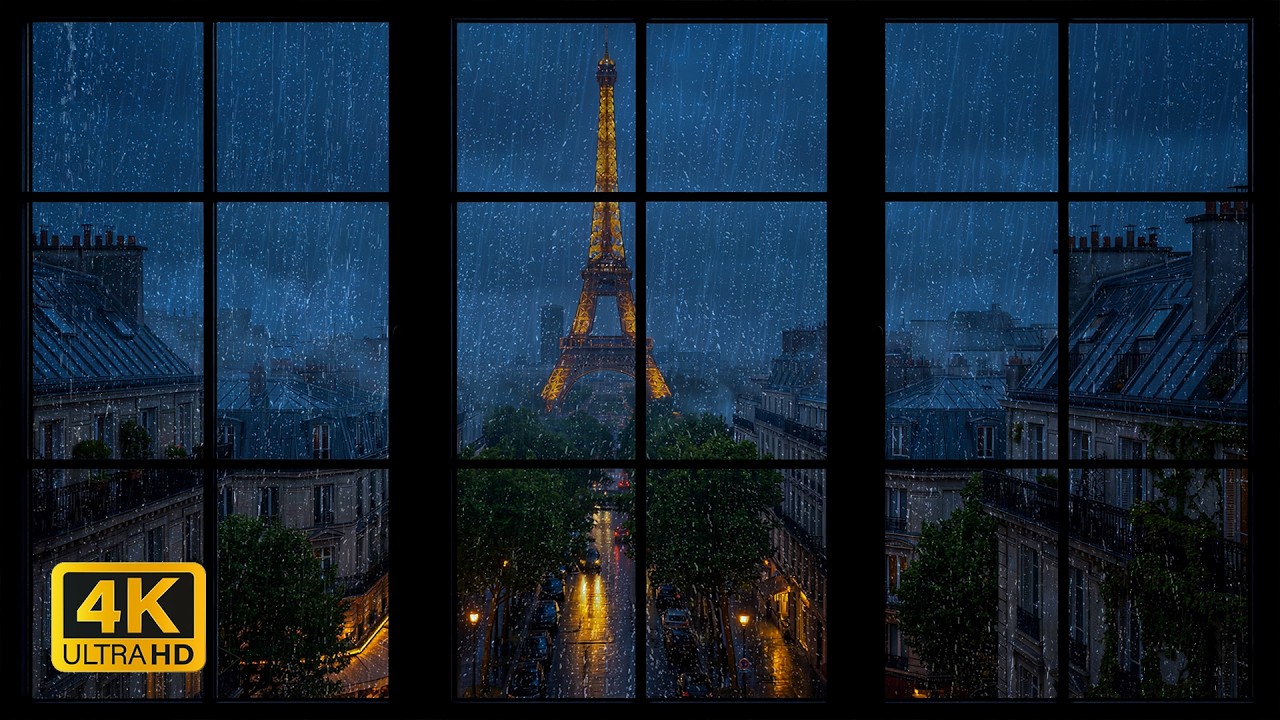 4K Rainy Window View in Paris 🌧️ Eiffel Tower Night Ambience & Rain Sounds, Thunder for Sleep, Study