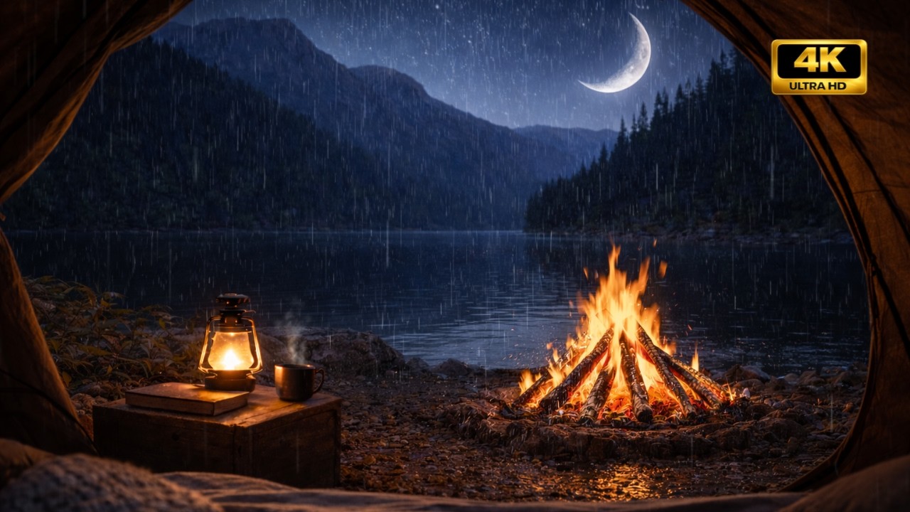 MOONLIT LAKESIDE TENT SLEEP SOUNDS | Rain + Occasional Thunder | Campfire | 6 Hours
