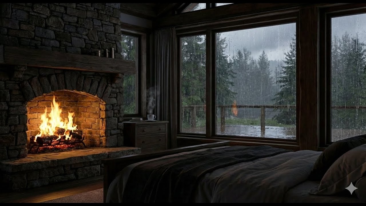 Rainy Night in a Forest Cabin  Relaxing Jazz Music