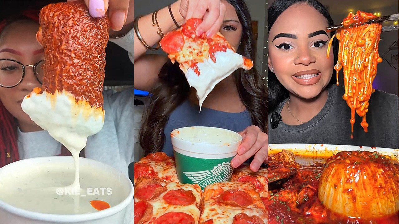 Asmr TikTok EATING NO talking |383| onionboil + enoki mushroom, Little Caesar’s Cheesy Pizza & more