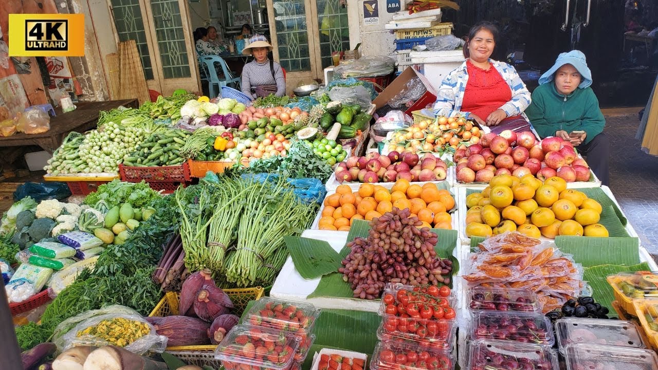 Cambodian food market, fish, vegetable & meat market in Tuol Sangke, khmer street food