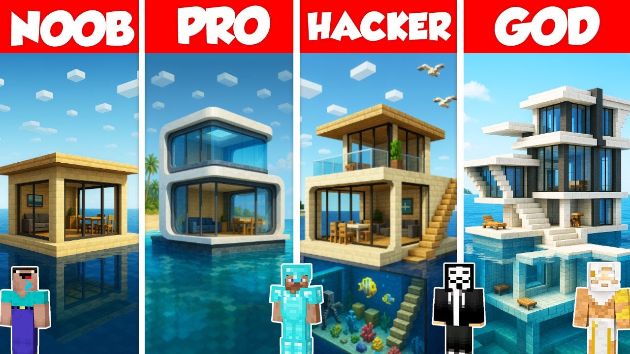 Modern Water House Build Battle Challenge - Noob vs Pro vs Hacker vs God - Minecraft Animation