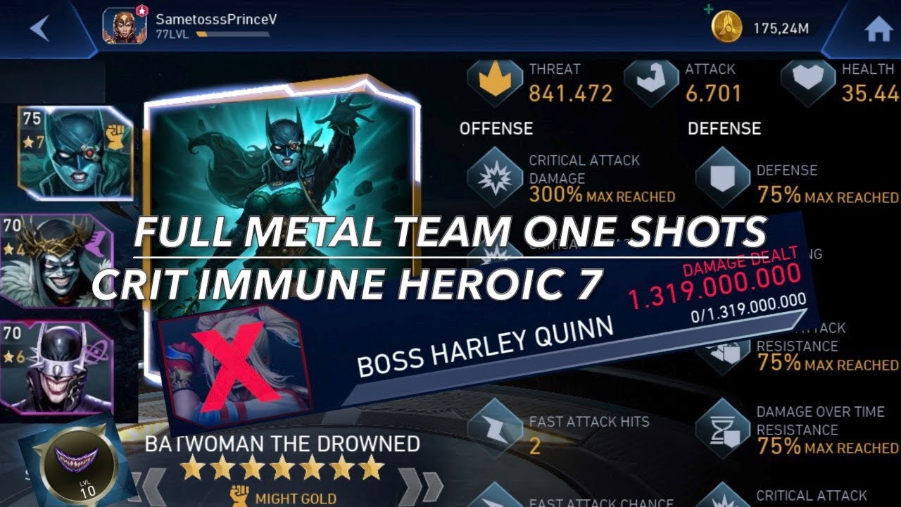 METAL TEAM ONE SHOTS CRIT IMMUNE H7 SUICIDE SQUAD HARLEY QUINN | DOA Solo Raid | Injustice 2 Mobile
