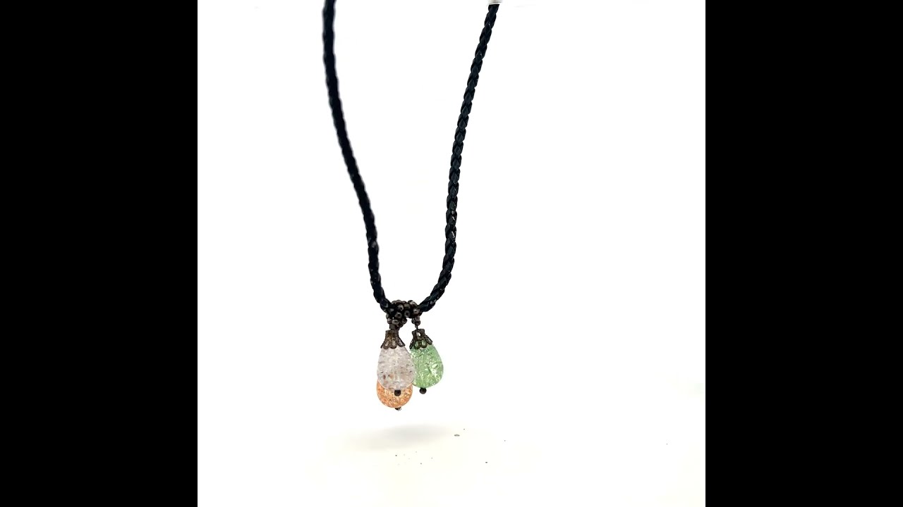 Crafted Braided Black Leather Cord with Multi Coloured Drop Stone Necklace
