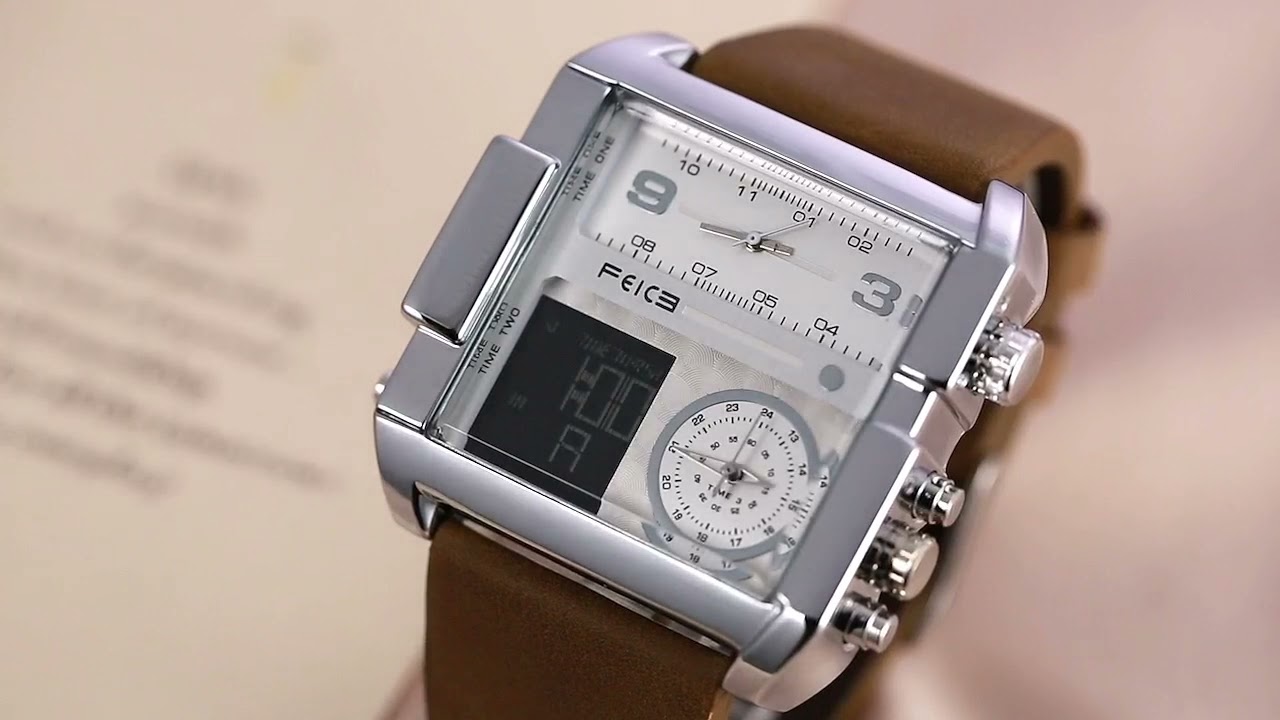 Feice FK030 3 Time Watches for Men Square w/ Leather Strap