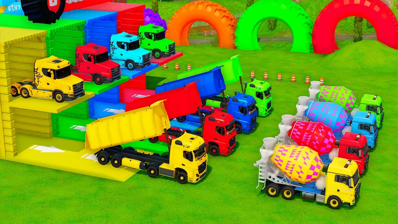 Garage with Colors - ALL MIXER TRUCK WITH DOUBLE FLATBED TRAILER TRUCK, KENWORTH, MAN, IVECO - FS22