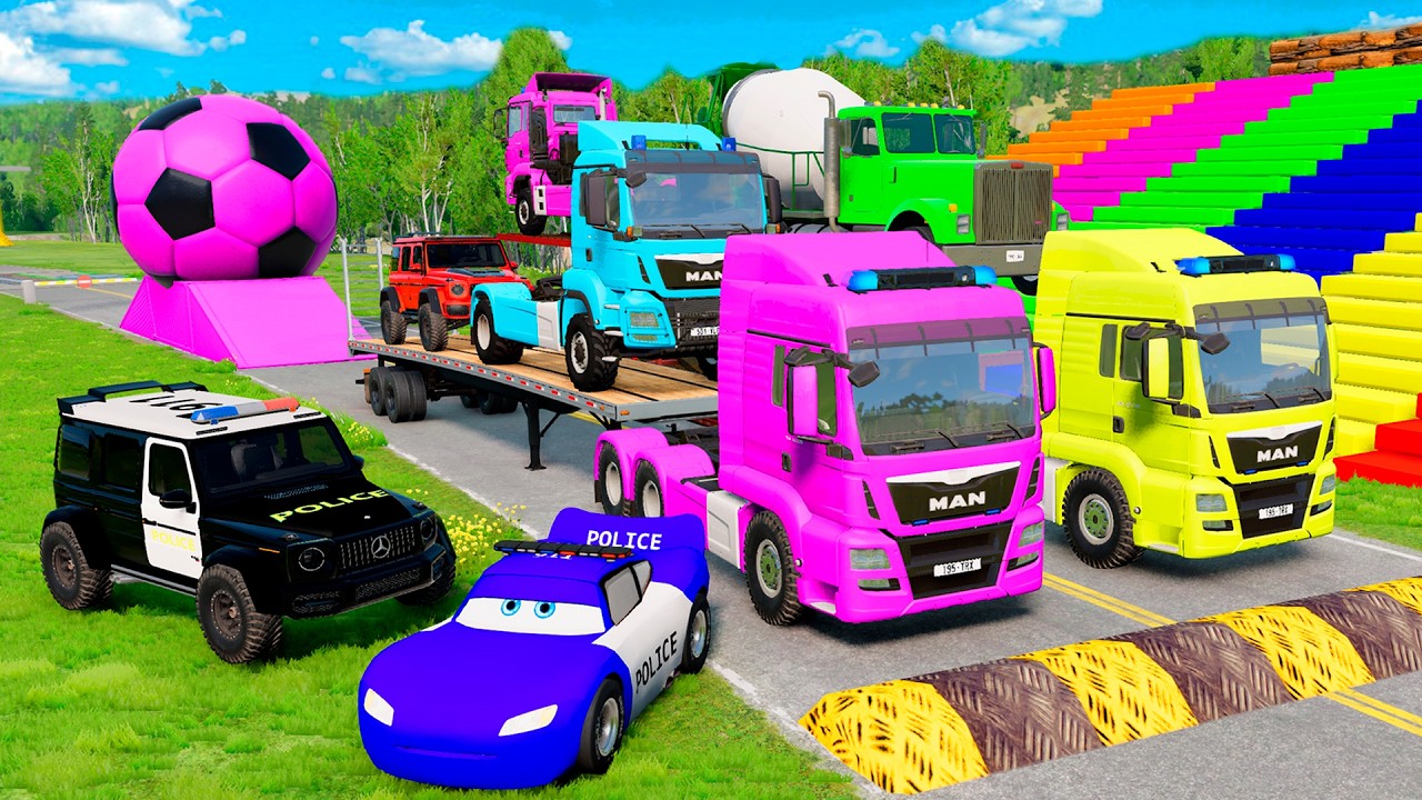 Triple Flatbed Trailer McQueen Transportation with Truck - Speedbumps vs Cars vs Train - BeamNG #