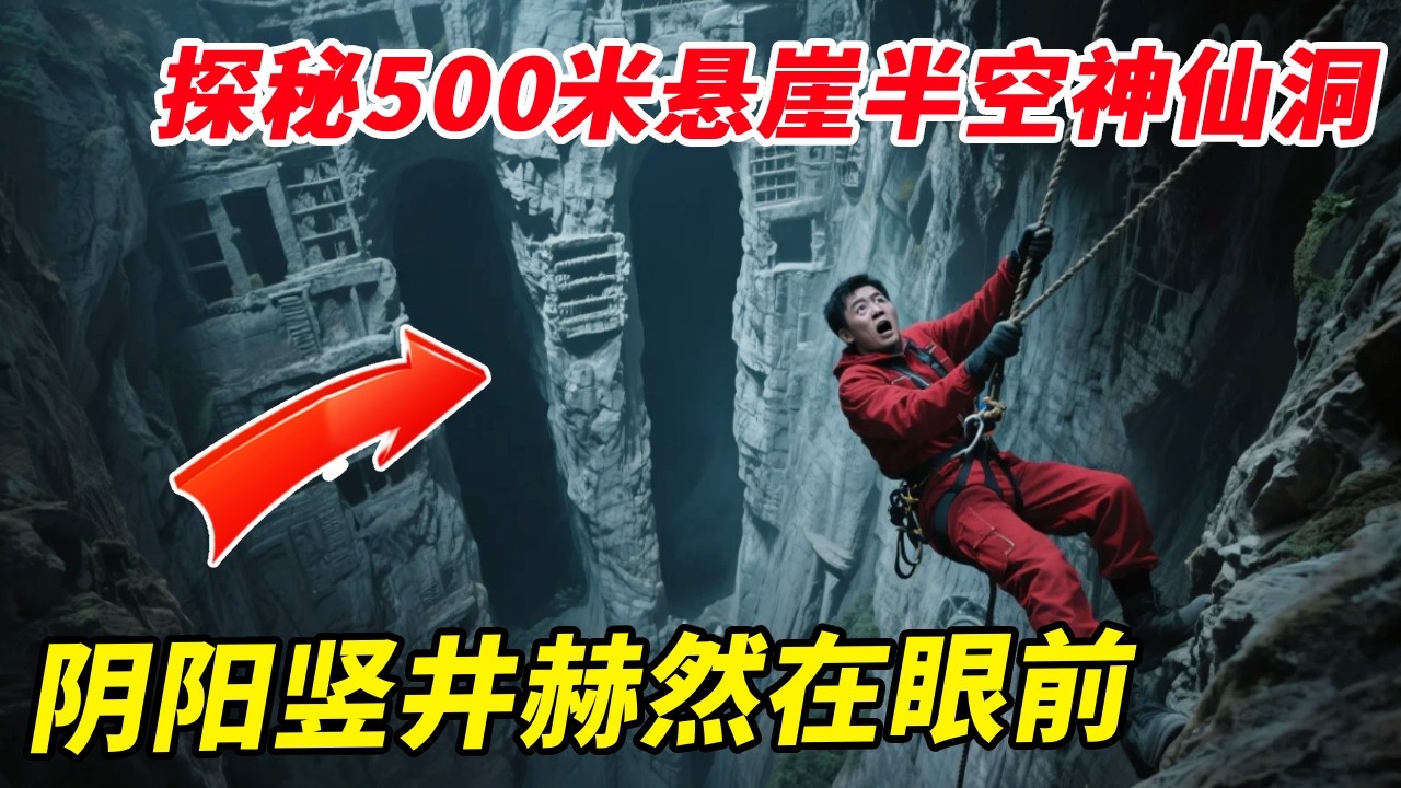 探秘500米悬崖半空神仙洞，阴阳竖井赫然在眼前，还发现许多人为遗迹，队友发现可怕一幕！【户外小北哥】