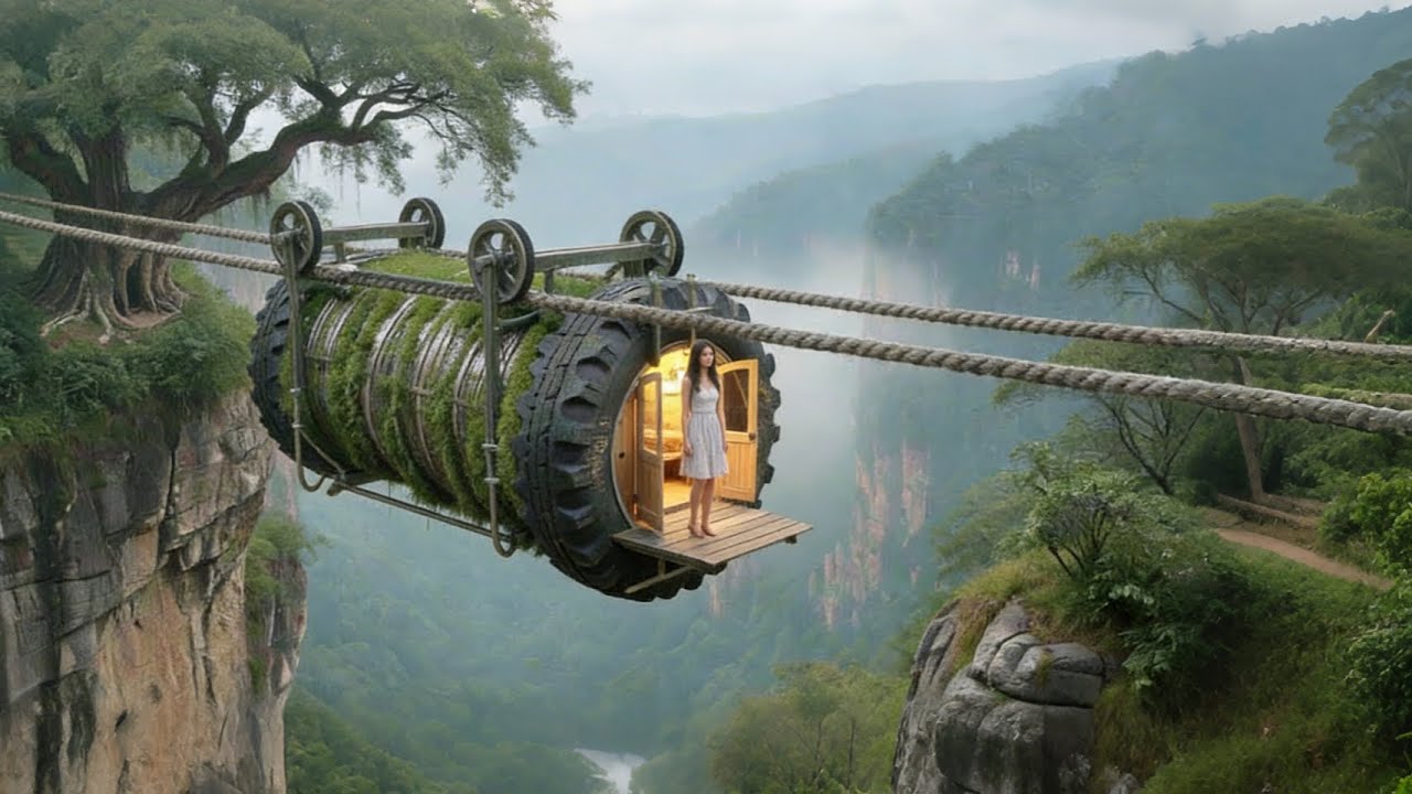 Using ropes and tires, build floating houses in the air.