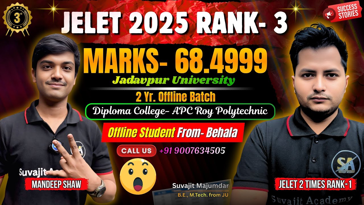 JELET 2025 Exam Rank 3 Marks 68.4999 | Mandeep Shaw Offline Batch Student | Jelet Rank Success Story